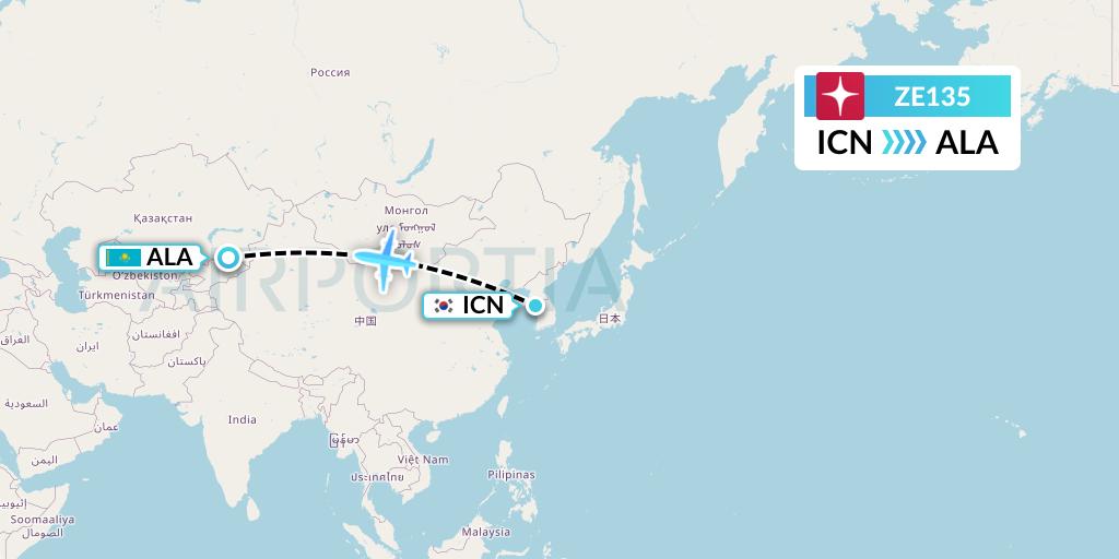 ZE135 Eastar Jet Flight Map: Seoul to Almaty
