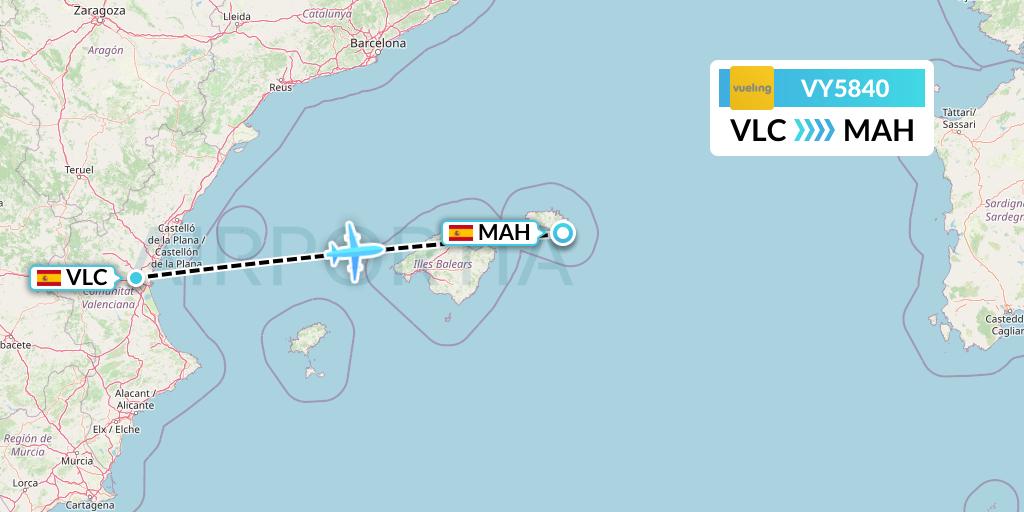 VY5840 Vueling Flight Map: Valencia to Mahon