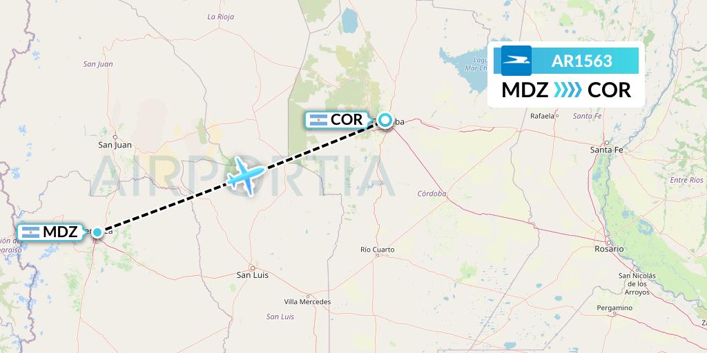 AR1563 Aerolineas Argentinas Flight Map: Mendoza to Cordoba