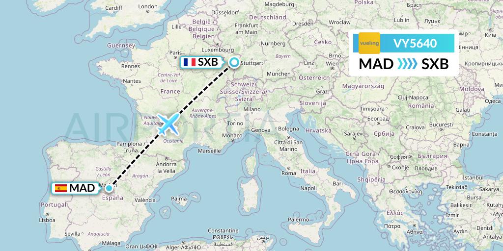 VY5640 Vueling Flight Map: Madrid to Strasbourg