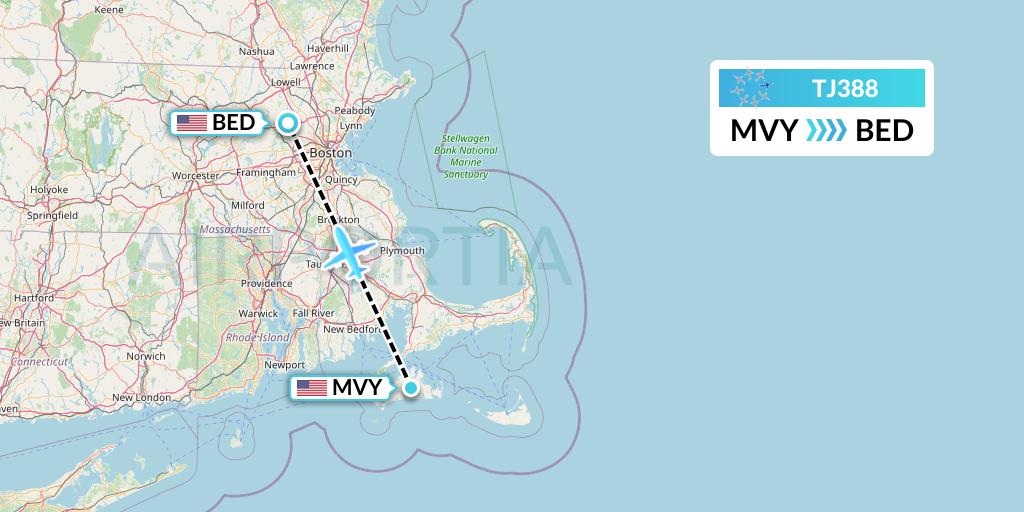 TJ388 Tradewind Aviation Flight Map: Martha's Vineyard to Bedford