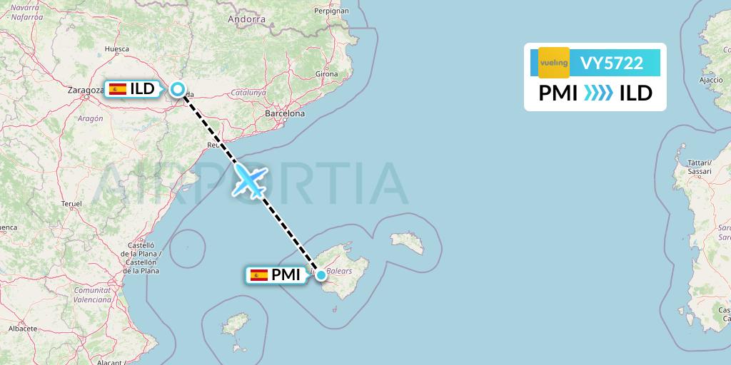 VY5722 Vueling Flight Map: Palma de Mallorca to Lleida