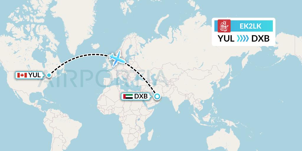 EK2LK Emirates Flight Map: Montreal to Dubai