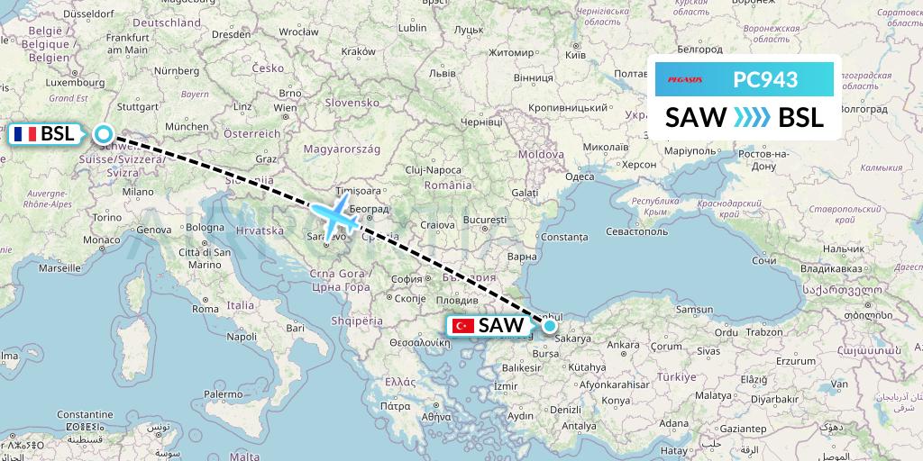 PC943 Pegasus Airlines Flight Map: Istanbul to Basel