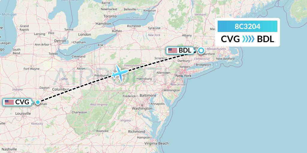 8C3204 Air Transport International Flight Map: Cincinnati to Windsor Locks