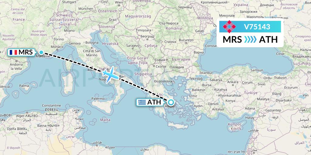 V75143 Volotea Flight Map: Marseille to Athens