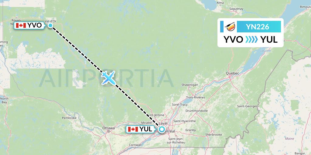YN226 Air Creebec Flight Map: Val-d'Or to Montreal