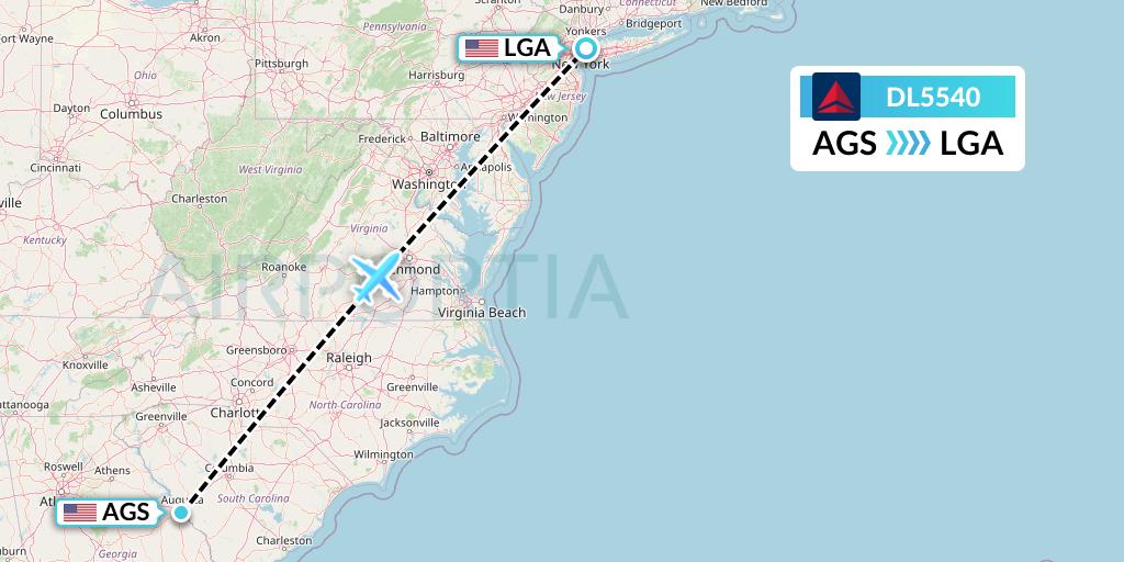 DL5540 Delta Air Lines Flight Map: Augusta to New York