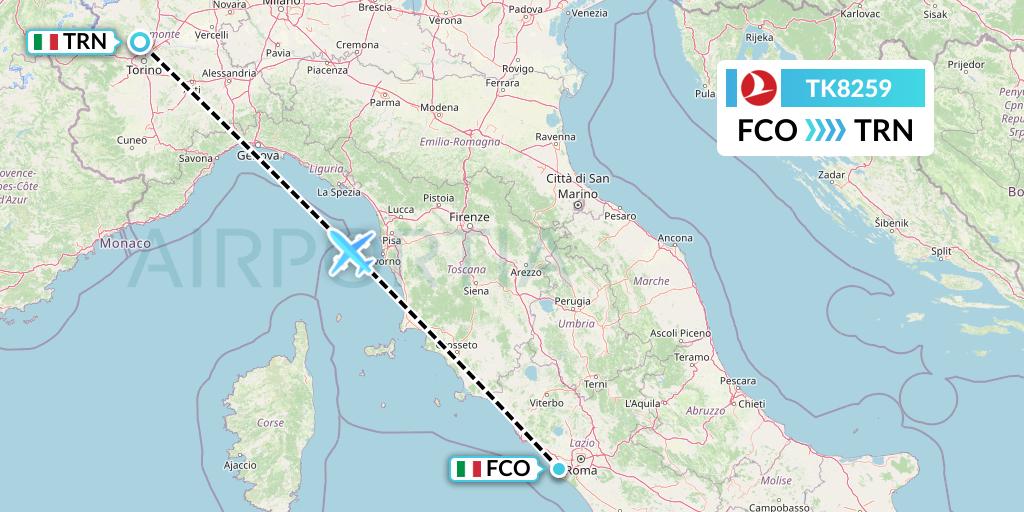 TK8259 Turkish Airlines Flight Map: Rome to Turin