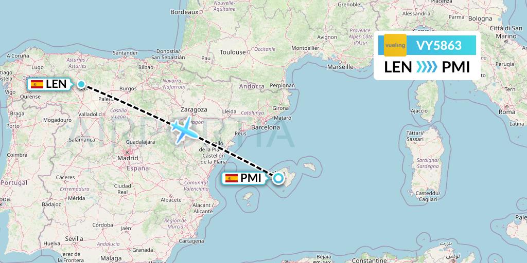 VY5863 Vueling Flight Map: Leon to Palma de Mallorca