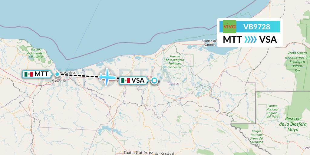 VB9728 VivaAerobus Flight Map: Minatitlan to Villahermosa