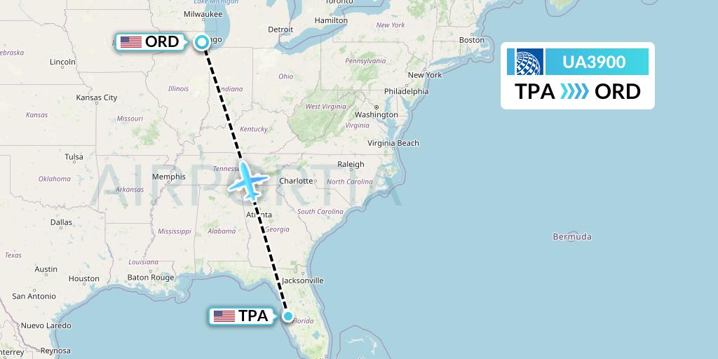 UA3900 United Airlines Flight Map: Tampa to Chicago