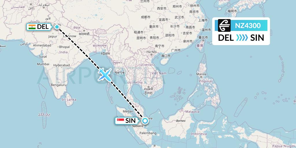 NZ4300 Air New Zealand Flight Map: Delhi to Singapore