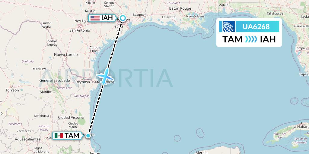 UA6268 United Airlines Flight Map: Tampico to Houston