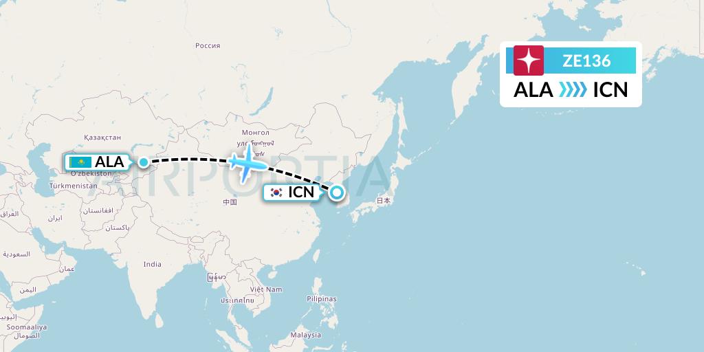 ZE136 Eastar Jet Flight Map: Almaty to Seoul