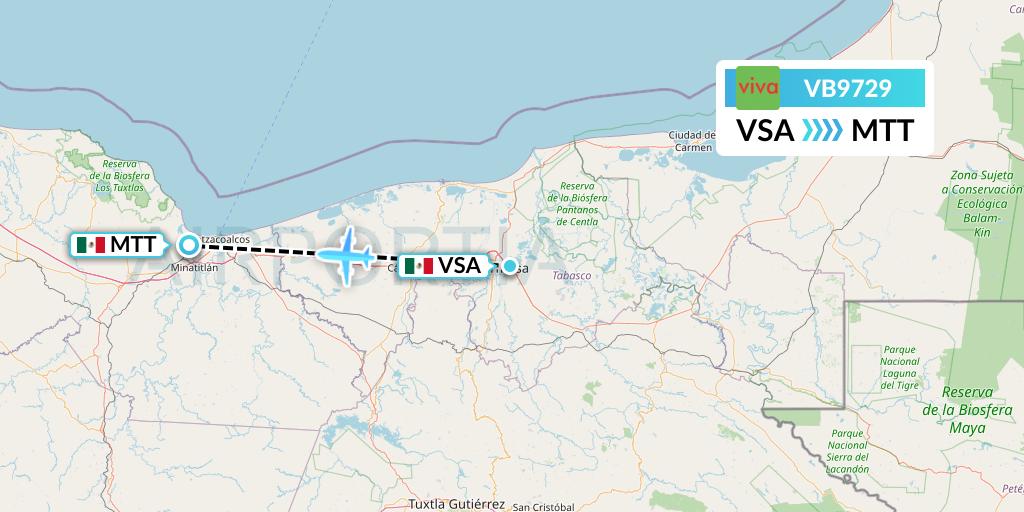 VB9729 VivaAerobus Flight Map: Villahermosa to Minatitlan