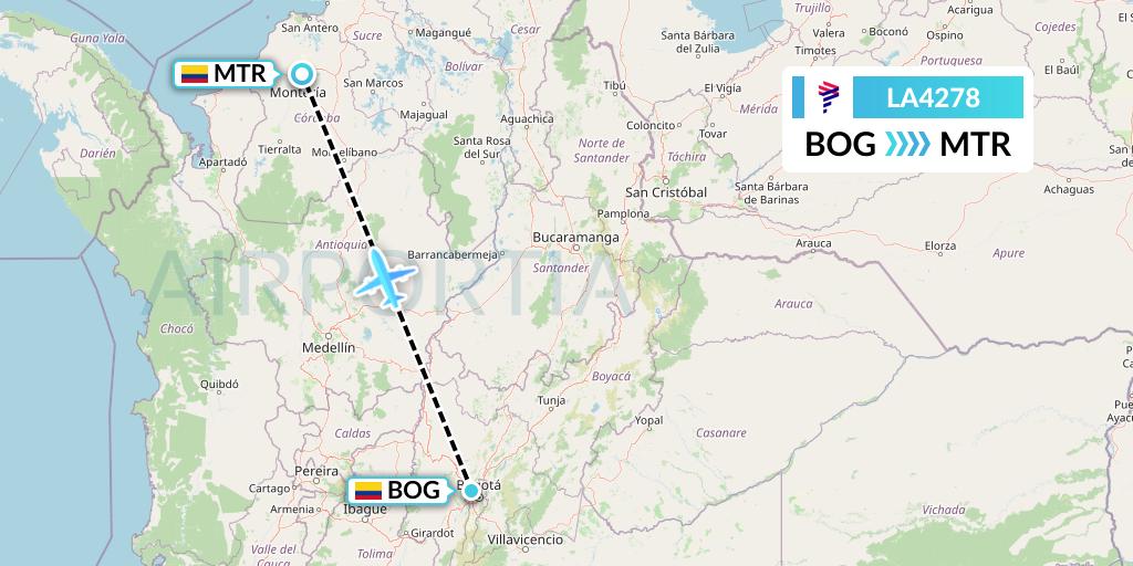 LA4278 LAN Airlines Flight Map: Bogota to Monteria