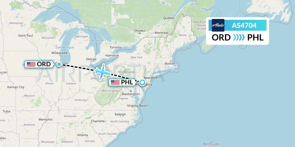 AS4704 Alaska Airlines Flight Map: Chicago to Philadelphia