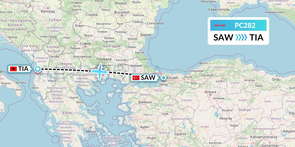 PC282 Pegasus Airlines Flight Map: Istanbul to Tirana