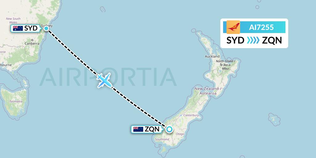 AI7255 Air India Flight Map: Sydney to Queenstown