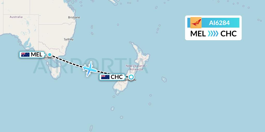 AI6284 Air India Flight Map: Melbourne to Christchurch