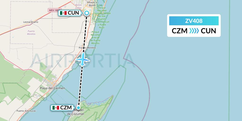 ZV408 Aerus Flight Map: Cozumel to Cancun