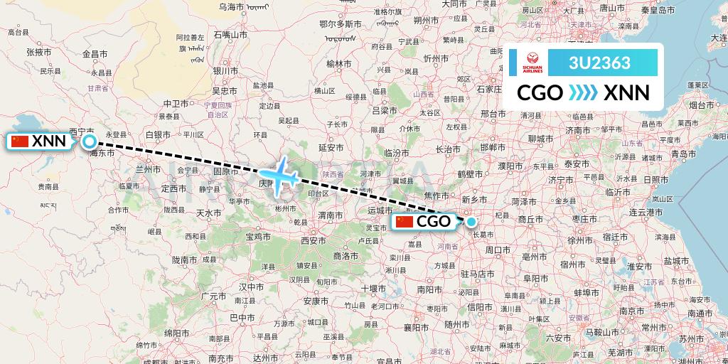 3U2363 Sichuan Airlines Flight Map: Zhengzhou to Xining