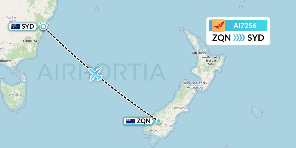 AI7256 Air India Flight Map: Queenstown to Sydney