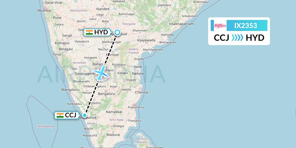 IX2353 Air India Express Flight Map: Kozhikode to Hyderabad