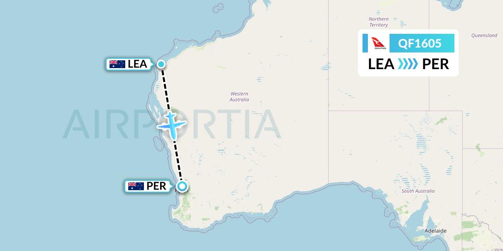 QF1605 Qantas Flight Map: Learmonth to Perth