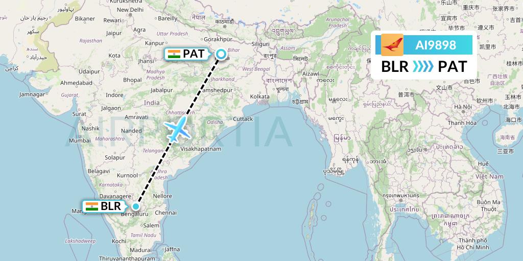 AI9898 Air India Flight Map: Bangalore to Patna