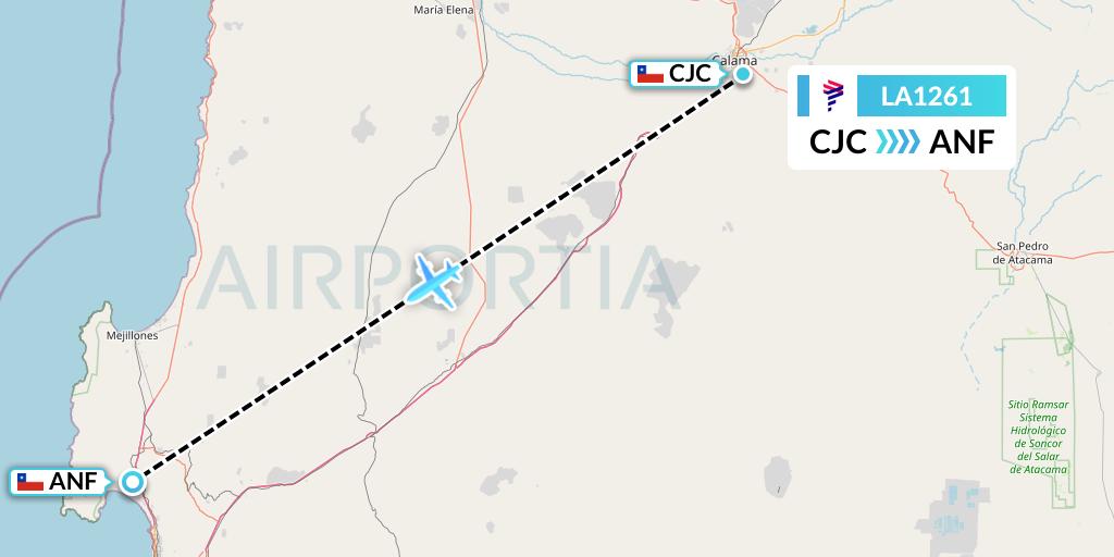 LA1261 LAN Airlines Flight Map: Calama to Antofagasta