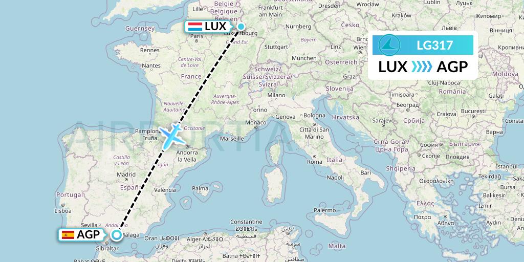 LG317 Luxair Flight Map: Luxembourg to Malaga