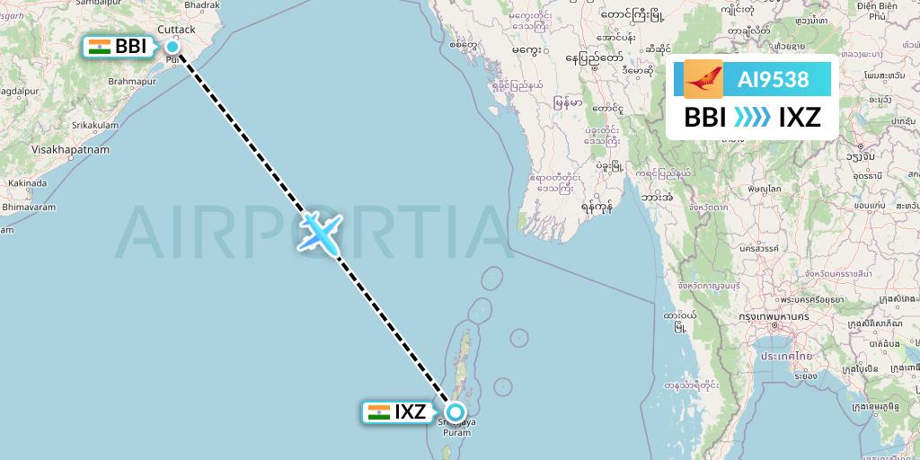 AI9538 Air India Flight Map: Bhubaneswar to Port Blair