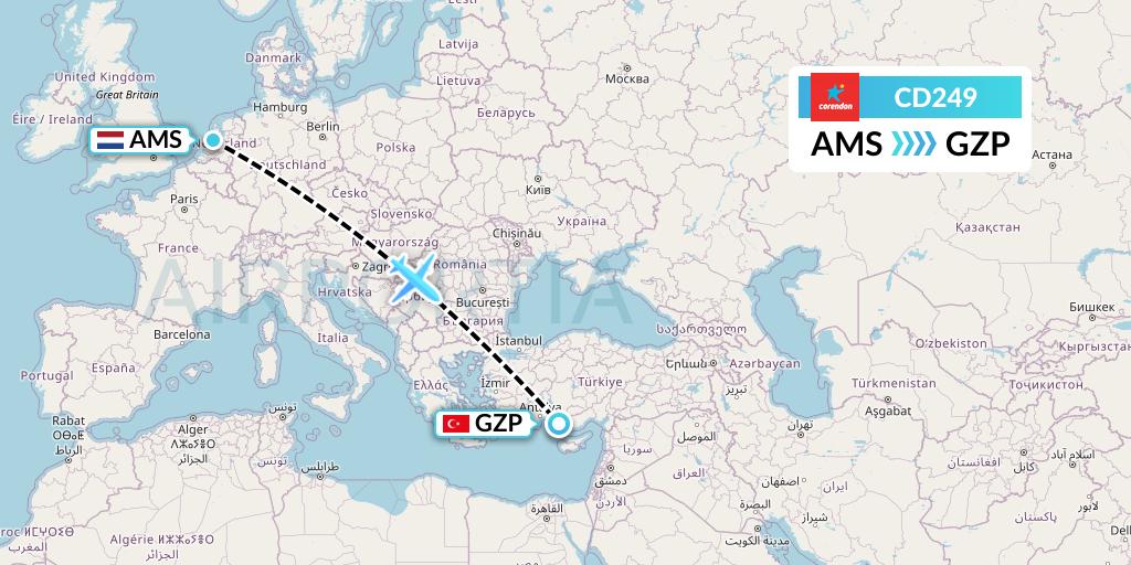 CD249 Dutch Corendon Airlines Flight Map: Amsterdam to Gazipasa