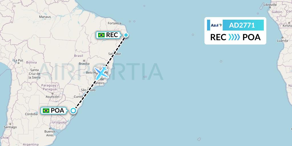 AD2771 Azul Brazilian Airlines Flight Map: Recife to Porto Alegre