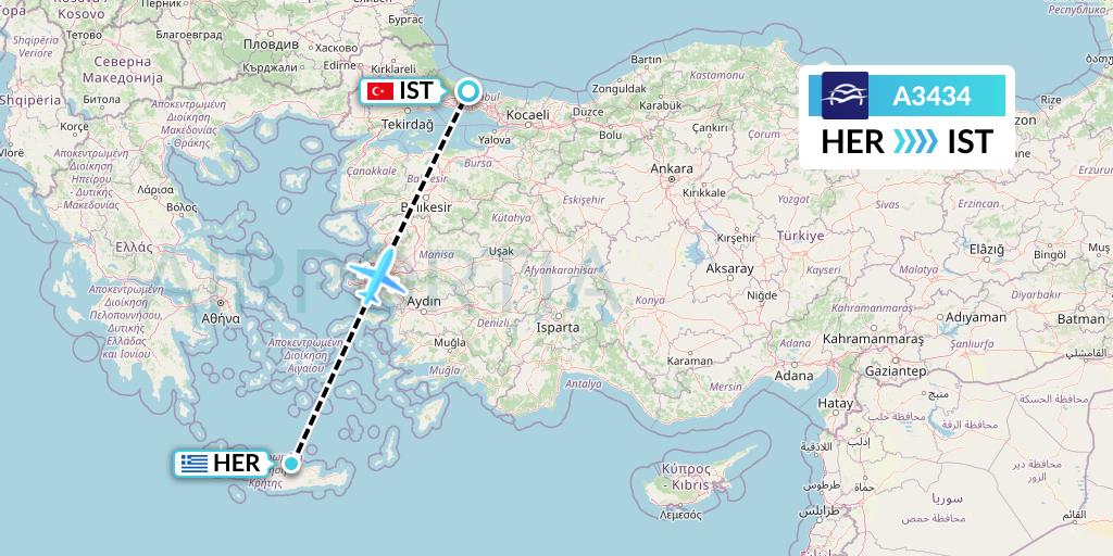 A3434 Aegean Airlines Flight Map: Heraklion to Istanbul