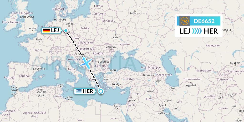 DE6652 Condor Flight Map: Leipzig to Heraklion