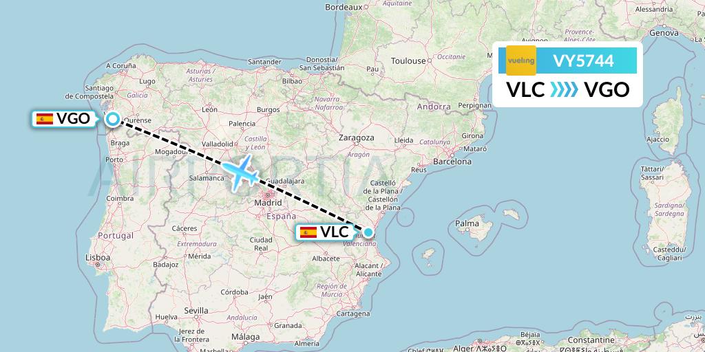 VY5744 Vueling Flight Map: Valencia to Vigo