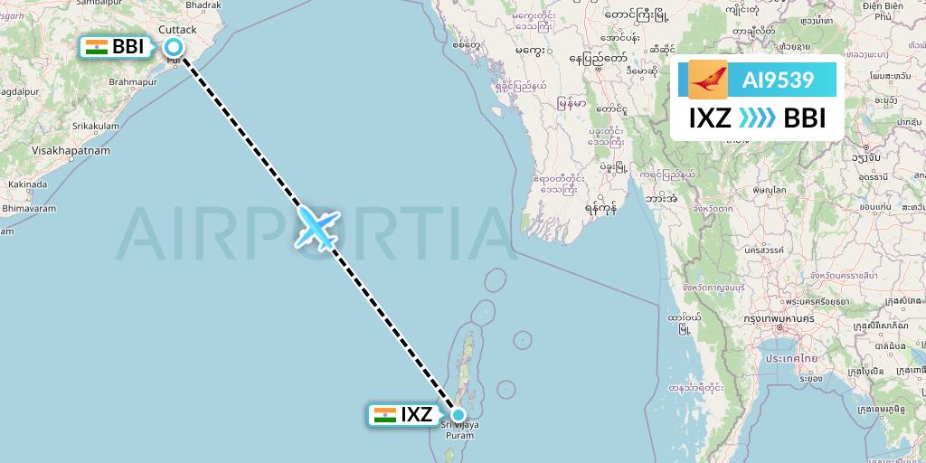 AI9539 Air India Flight Map: Port Blair to Bhubaneswar
