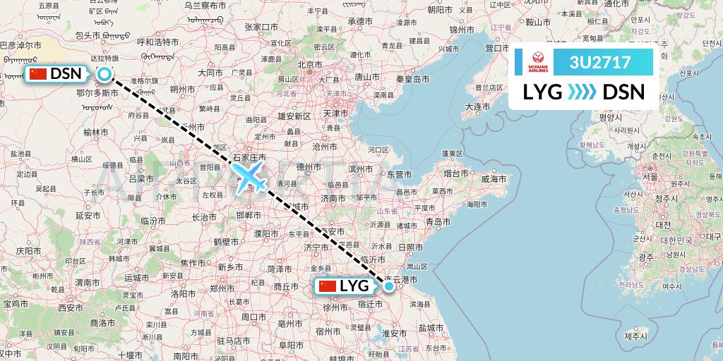 3U2717 Sichuan Airlines Flight Map: Lianyungang to Dongsheng