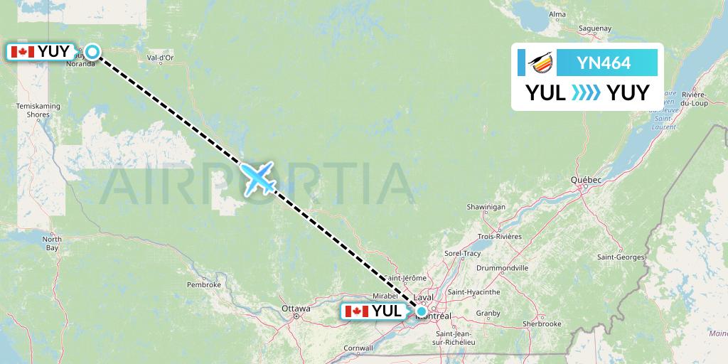 YN464 Air Creebec Flight Map: Montreal to Rouyn