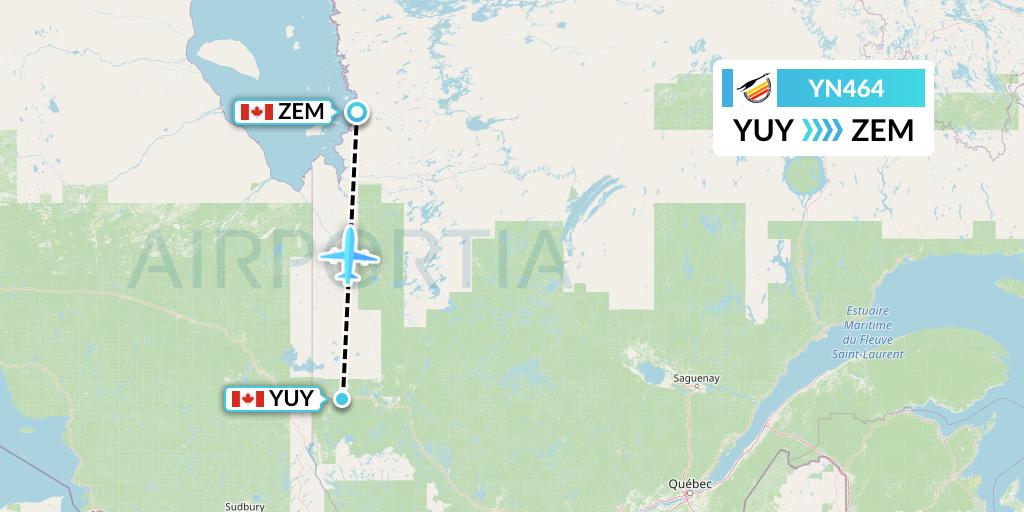 YN464 Air Creebec Flight Map: Rouyn to Eastmain River