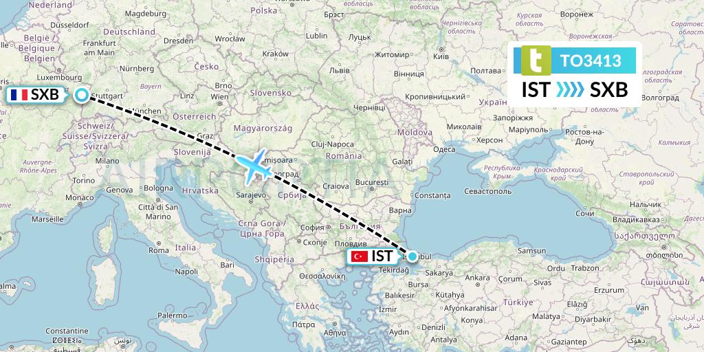 TO3413 Transavia France Flight Map: Istanbul to Strasbourg