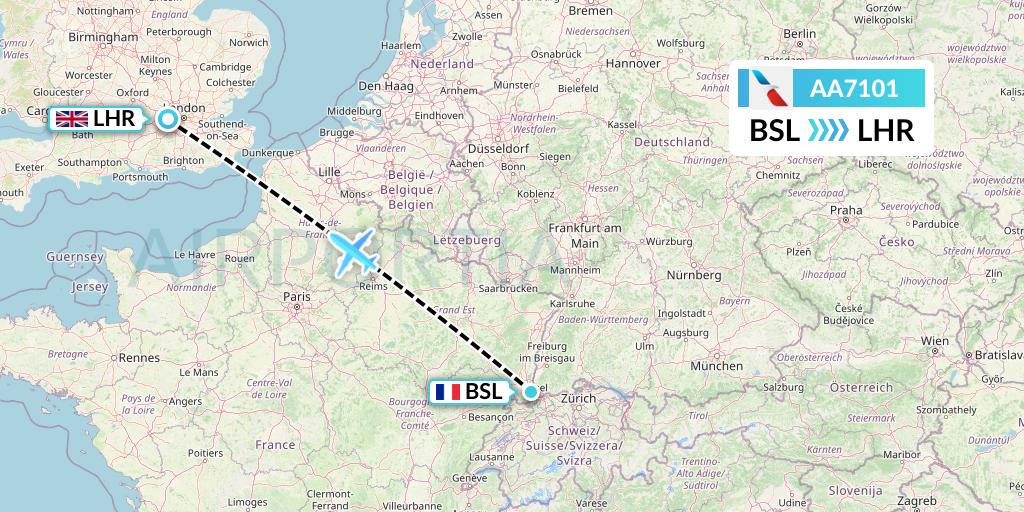 AA7101 American Airlines Flight Map: Basel to London