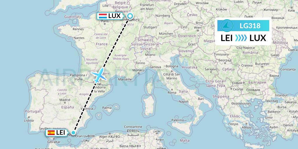 LG318 Luxair Flight Map: Almeria to Luxembourg
