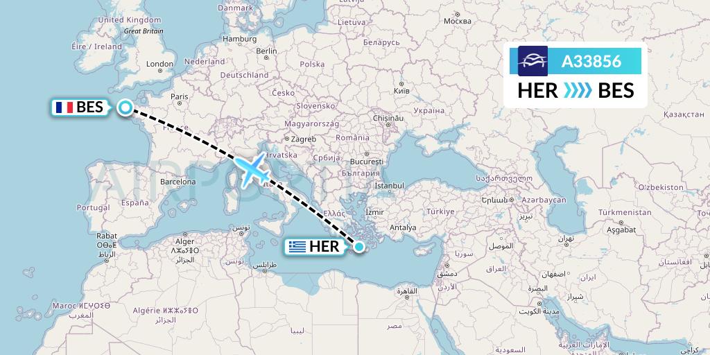 A33856 Aegean Airlines Flight Map: Heraklion to Brest