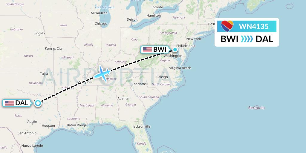 WN4135 Southwest Airlines Flight Map: Baltimore to Dallas