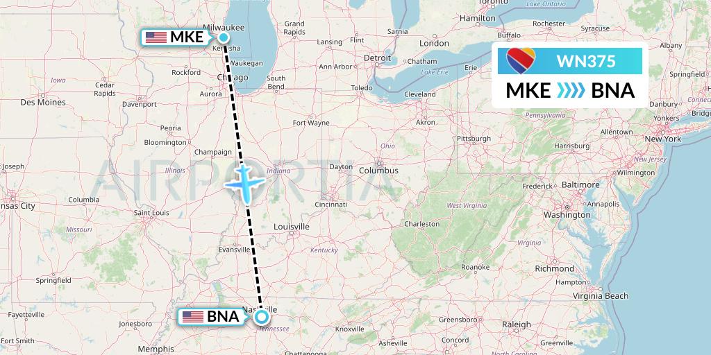 WN375 Southwest Airlines Flight Map: Milwaukee to Nashville