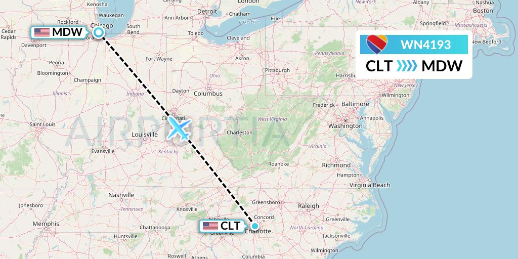 WN4193 Southwest Airlines Flight Map: Charlotte to Chicago